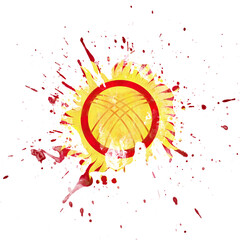 State Flag of Kyrgyzstan. Watercolor blood splash, isolated on white background. Yellow and red flag with sun and tenduke