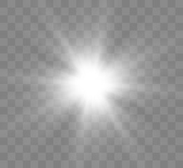 White glowing light explodes on a transparent background. Bright Star. Transparent shining sun, bright flash. Vector graphics.	