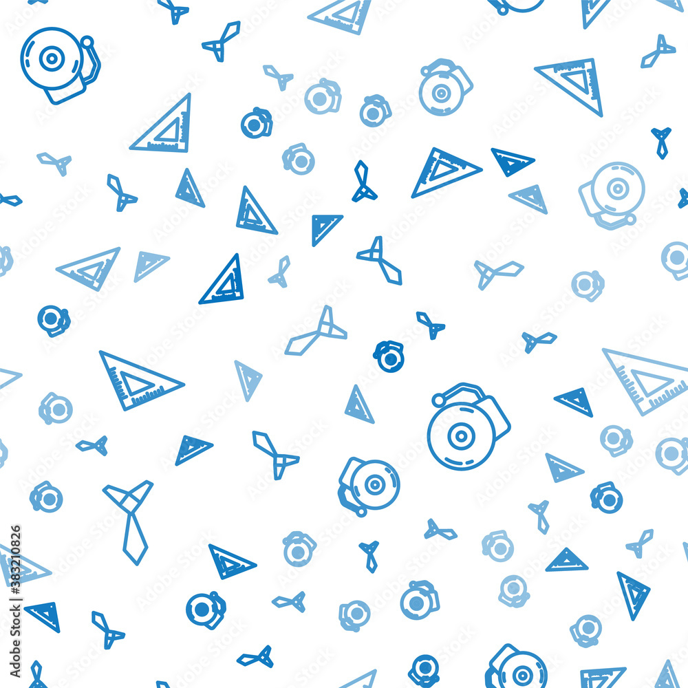 Poster set line tie, ringing alarm bell and triangular ruler on seamless pattern. vector.