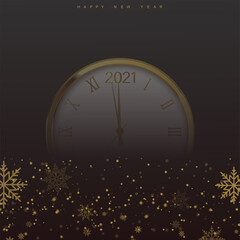 Fototapeta na wymiar Christmas background with falling snowflakes and clock on transparent. Vector