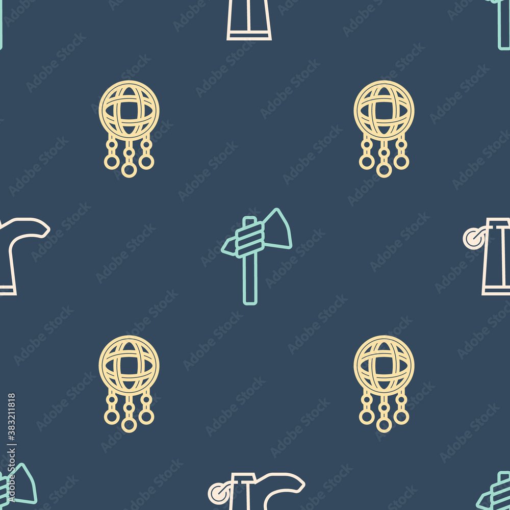 Poster set line cowboy boot, dream catcher with feathers and tomahawk axe on seamless pattern. vector.