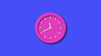 New pink color 3d wall clock isolated on blue background,12 hours 3d wall clock