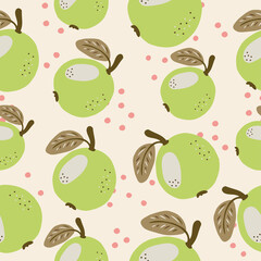 Seamless pattern with hand drawn green apples on a beige background. Doodle, simple illustration. It can be used for decoration of textile, paper and other surfaces.