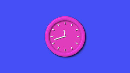 New pink color 3d wall clock isolated on blue background,12 hours 3d wall clock