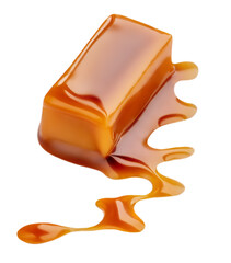 Sweet Caramel candies and melted caramel sauce  isolated on a white background. Flowing toffee syrup close-up.