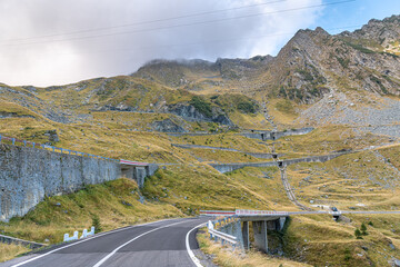 Transfagarasan road in Romania - curved amazing motorway through the mountains from Transylvania in...