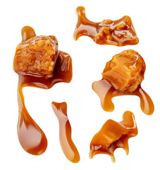 Obraz premium Flowing caramel sauce and candies isolated on white background. Sweet Caramel pieces top view. Flat lay.