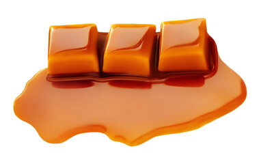 Caramel sauce flowing over caramel candies, isolated on white background. Golden Butterscotch...