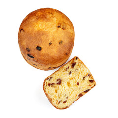 Traditional homemade Christmas cake  isolated on white background. Panettone or Fruit Festive  cake Top view. .