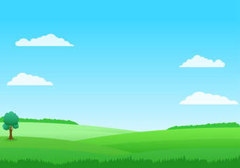 Simple and beautiful field landscape vector with green grass and blue sky suitable for illustration or background 