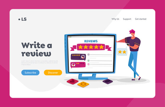 Ranking Evaluation and Rating Landing Page Template. Male Character Negative User Experience Online Review, Bad Feedback