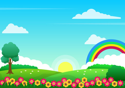 Colorful spring landscape vector with flowers, rainbow and grass suitable for kids background or illustration 