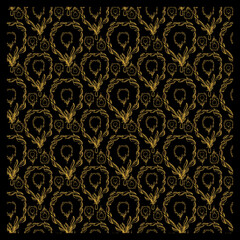 Scarf design. Golden leaves grow from a glass bottle. Gold on black.