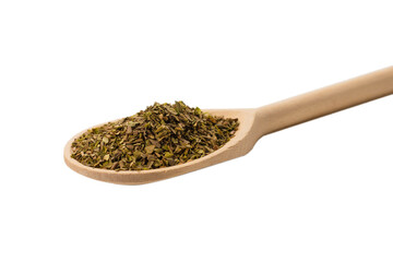 Oregano spice in wooden spoon isolated.
