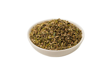Oregano in a bowl isolated.