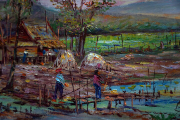     Art painting Oil color Hut northeast Thailand Countryside 