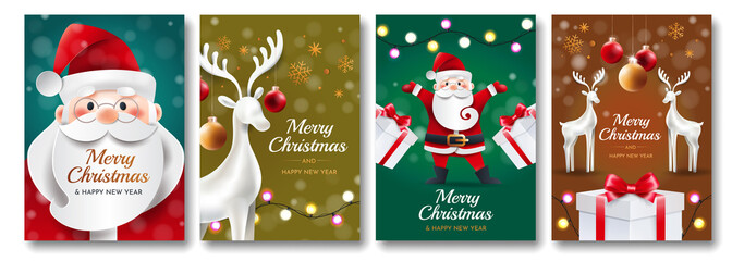 Set of Christmas cards with santa, deer, gifts and toys. Four greeting bright vertical cards.
