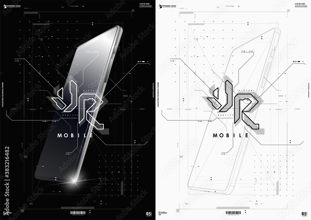 Poster virtual reality logo with hud elements. futuristic abstract template with smartphone for web and app