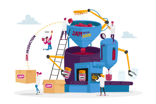 People Making Jam or Marmalade. Tiny Male Female Characters Stand on Ladders at Huge Factory Machine with Robotics Arms