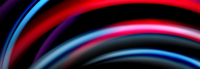 Dynamic motion abstract background. Color blurred stripes on black. Wave liquid lines poster. Vector illustration