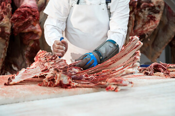 Butcher cuts freshly slaughtered meat of pork for sale and further processing as sausage