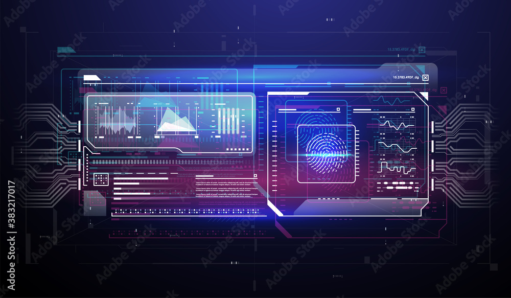 Poster finger scan in futuristic style. biometric id with futuristic hud interface. fingerprint scanning te