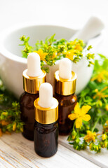 St johns wort oils, and  fresh herbs in a mortar