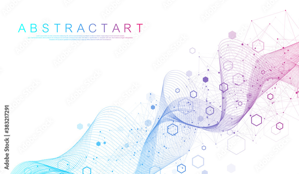 Poster Technology abstract lines and dots connect background with hexagons. Hexagon grid. Hexagons connection digital data and big data concept. Hex digital data visualization. Vector illustration.