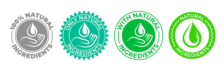 Natural ingredients product icon, green organic bio vector logo with hand and water drop. 100 percent only natural ingredients made, pure organic eco label certificate stamp for natural products