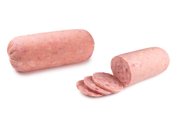 Boiled sausage isolated on white background. Slices.