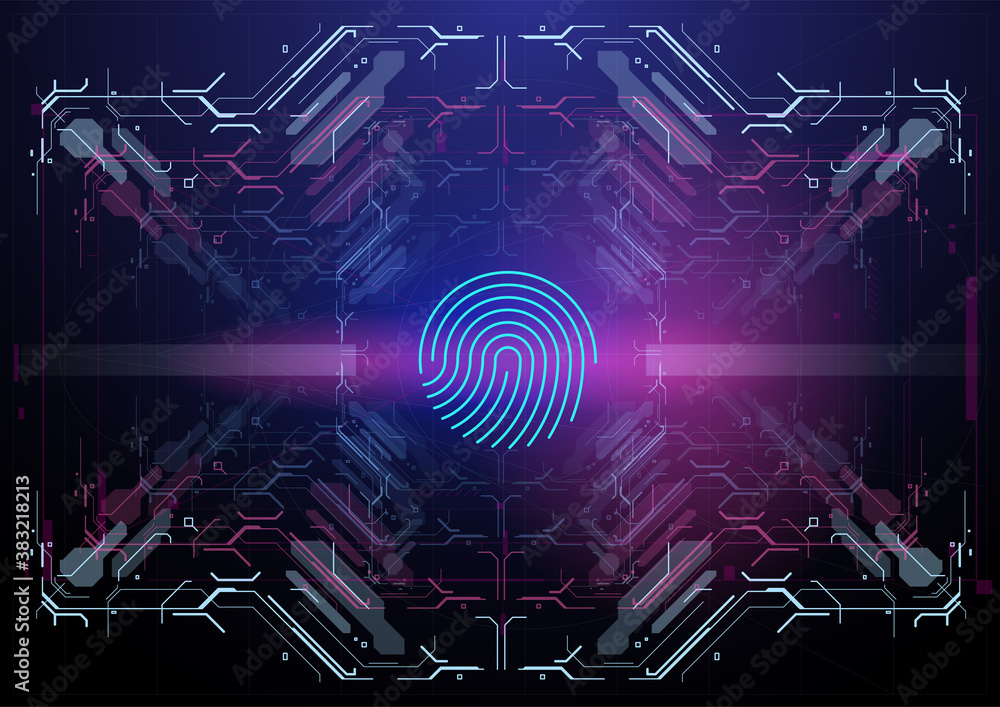 Poster biometric identification or recognition system of person. fingerprint scanning. abstract virtual fin