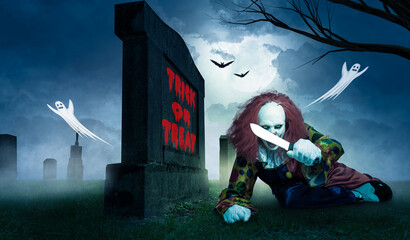 halloween clown in front of a tombstone with the inscription trick or treat
