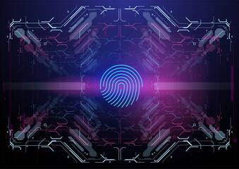 Biometric Identification or Recognition System of Person. Fingerprint scanning. Abstract virtual fingerprint illustration on tech background with HUD elements.