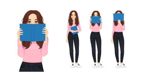 Young woman reading book set isolated vector illustration