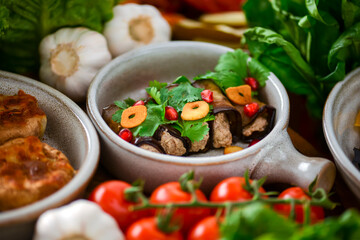 Presentation of georgian cuisine. Baked mushrooms with suluguni cheese, Tbilisi Caesar, caprese, lavash bread, Pkhali.