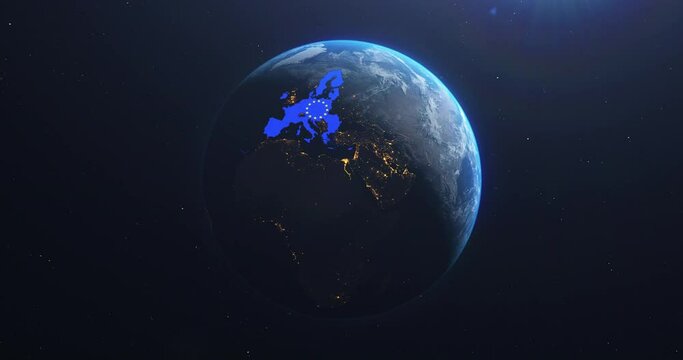 Planet Earth from Space European Union Map EU Flag, 2020 political borders post brexit, 3d illustration, elements of this image courtesy of NASA