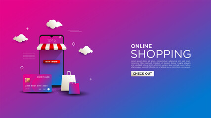 Online shopping background, with colorful credit card illustrations and colorful mobile phones.
