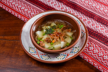 Traditional Ukrainian soup with meat and vegetables. Ukrainian cuisine, healthy soup.