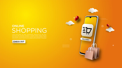 Online shopping background, with illustrations of mobile phones and simple shopping bags.
 - obrazy, fototapety, plakaty