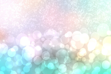 Abstract blurred fresh vivid spring summer light delicate pastel blue turquoise pink bokeh background texture with bright circular soft color lights and stars. Card concept. Beautiful backdrop illustr