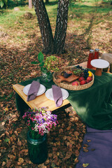 Outdoor Gender Reveal Party Decorations. girl or boy. beautiful photo zone with cake and fruits.
autumn decor with purple and green color. Two glasses of the red wine and tasty food and accessories 