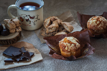 biscuits, muffins and dried fruits for tea
