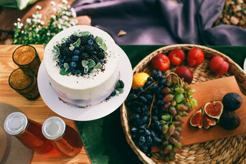 Outdoor Gender Reveal Party Decorations. girl or boy. beautiful photo zone with cake and fruits.
autumn decor with purple and green color. Two glasses of the red wine and tasty food and accessories 