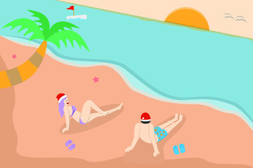 Beach vacation vector concept: Young couple relaxing on the beach while sitting and sunbathing together