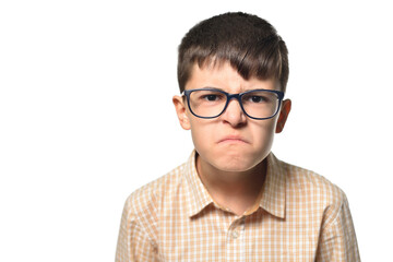 Boy face with dislike and disgust emotions on white isolated background