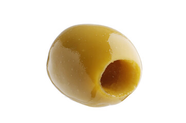 Pitted and marinated green olives isolated on white background.
