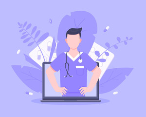 Online doctor medical service concept with doctor in the laptop vector illustration. Telemedicine web consultation for patients health care check ups and taking medicine prescription pills.
