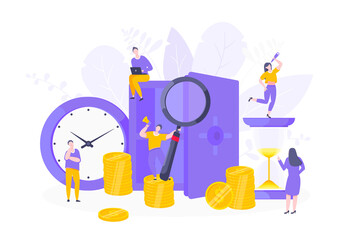 Time is money business concept of money saving. Time management, money installment with future growth. Teamwork concept flat style design vector illustration isolated on white background.