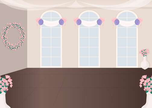Wedding service hall flat color vector illustration. Floral decor for bridal ceremony. Romantic style venue for engagement party. Celebratory 2D cartoon interior with decorated windows on background