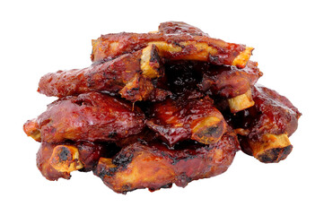 Group of mini pork ribs coated in sticky barbecue sauce isolated on a white background